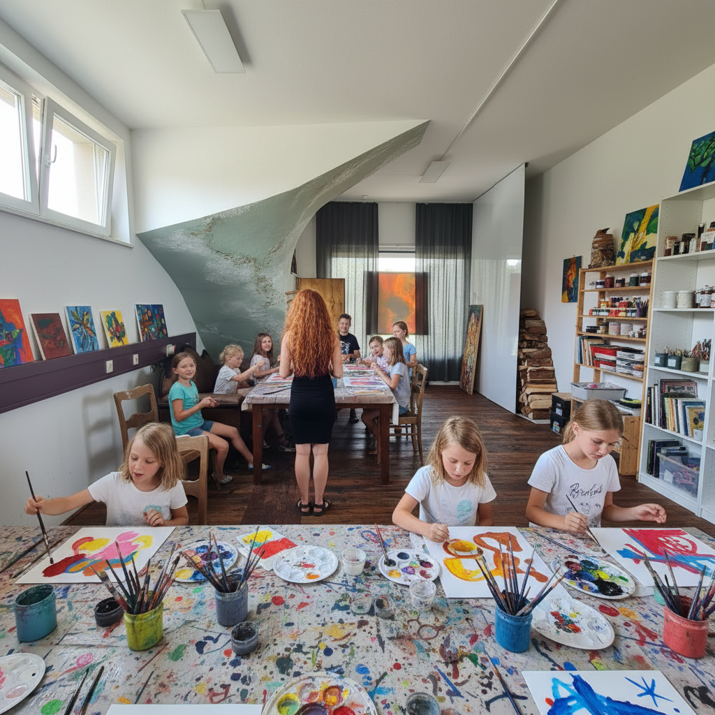 Ein helles Atelier mit Kindern, die an bemalten Tischen sitzen und malen, während eine Lehrerin mit roten Haaren am anderen Tisch steht und die Gruppe anleitet.
